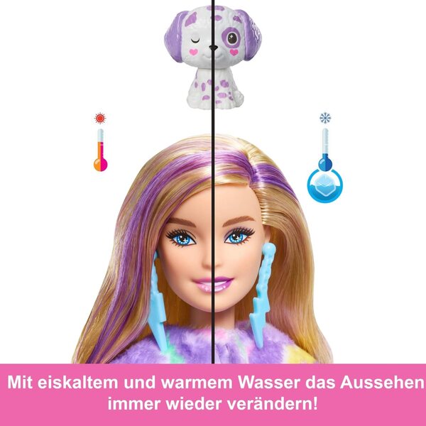 Barbie Cutie enthüllt einen Farbtraum mit 10 Überraschungen und einem Regenbogen-Dalmatiner-Plüschkostüm
