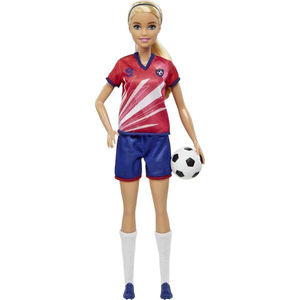 Barbie Calciatrice con Accessori - Pupa Bionda con Trikot Rosso e Blu 29 cm