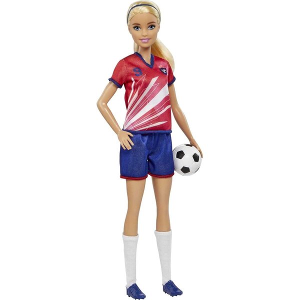 Barbie Calciatrice con Accessori - Pupa Bionda con Trikot Rosso e Blu 29 cm