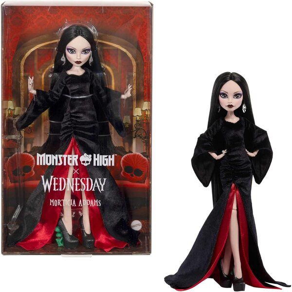 Monster High x Wednesday Morticia Addams Puppe in schwarzem Samtkleid und exklusiven Accessoires