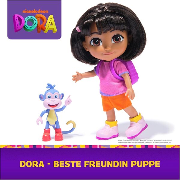 Dora Puppe 22 cm mit Schwanz zum Kamm, Rucksack und Affenstiefeln, Spiel für Kinder ab 3 Jahren