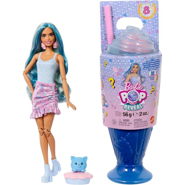 Barbie Pop Reveal Treat-Serie mit 8 Überraschungen, modische Cupcake-Puppe mit Tier- und Farbwechsel