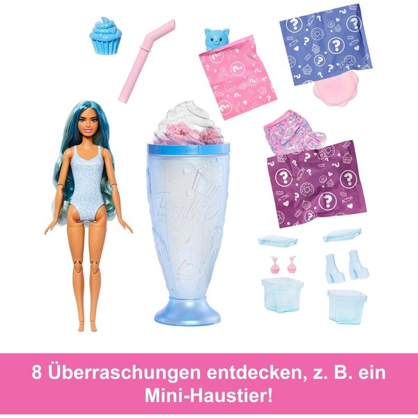 Barbie Pop Reveal Treat-Serie mit 8 Überraschungen, modische Cupcake-Puppe mit Tier- und Farbwechsel