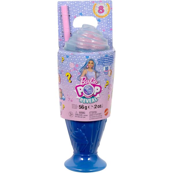 Barbie Pop Reveal Treat-Serie mit 8 Überraschungen, modische Cupcake-Puppe mit Tier- und Farbwechsel