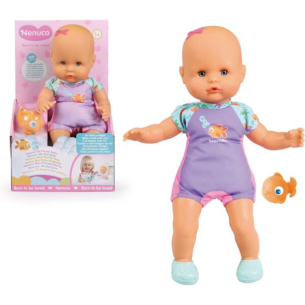 Nenuco Mein erstes Bad: bambola morbida acqua-resistente 35 cm con costume e pesciolino