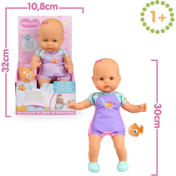 Nenuco Mein erstes Bad: 35 cm große wasserfeste Stoffpuppe mit Kostüm und Fisch
