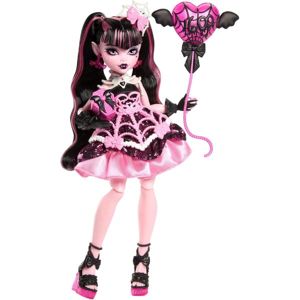 Monster High Draculaura-Puppe, komplett mit rosa Kleid und originellem Partyzubehör