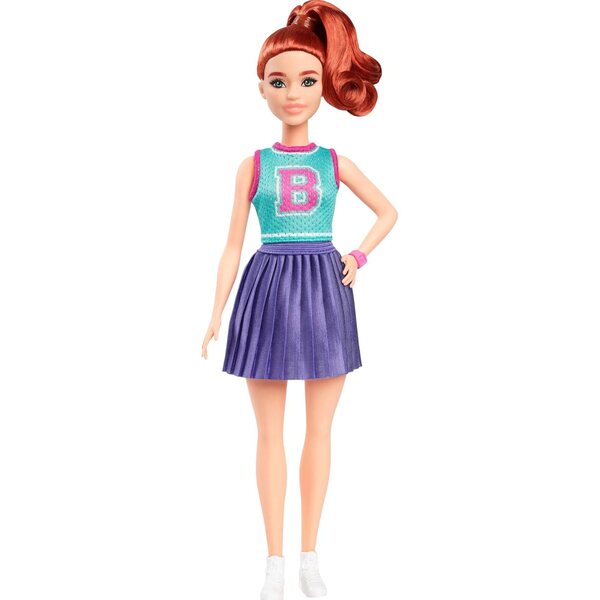 Barbie Fashionistas mit roten Haaren und sportlichem Outfit: lila Trikot und Rock