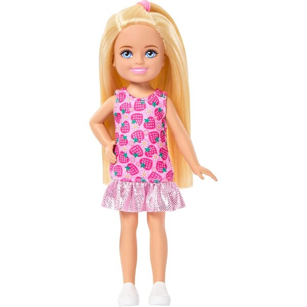 Barbie Club Chelsea mit Erdbeerkleid und lila Schuhen, 15 cm große Puppe