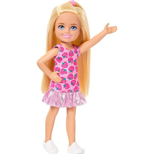 Barbie Club Chelsea mit Erdbeerkleid und lila Schuhen, 15 cm große Puppe