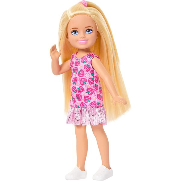 Barbie Club Chelsea mit Erdbeerkleid und lila Schuhen, 15 cm große Puppe