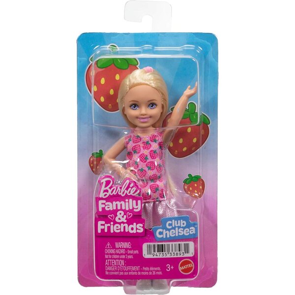 Barbie Club Chelsea mit Erdbeerkleid und lila Schuhen, 15 cm große Puppe