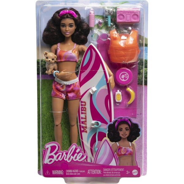 Barbie Surferin mit Surfbrett, Hund und Zubehör für Abenteuer am Meer