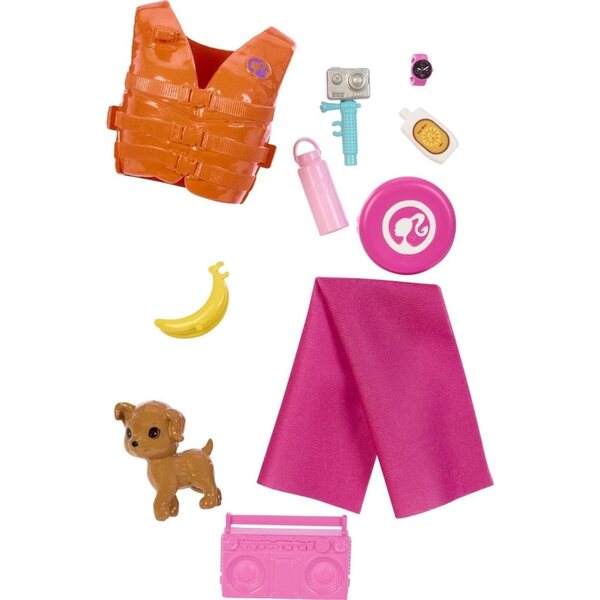 Barbie Surferin mit Surfbrett, Hund und Zubehör für Abenteuer am Meer