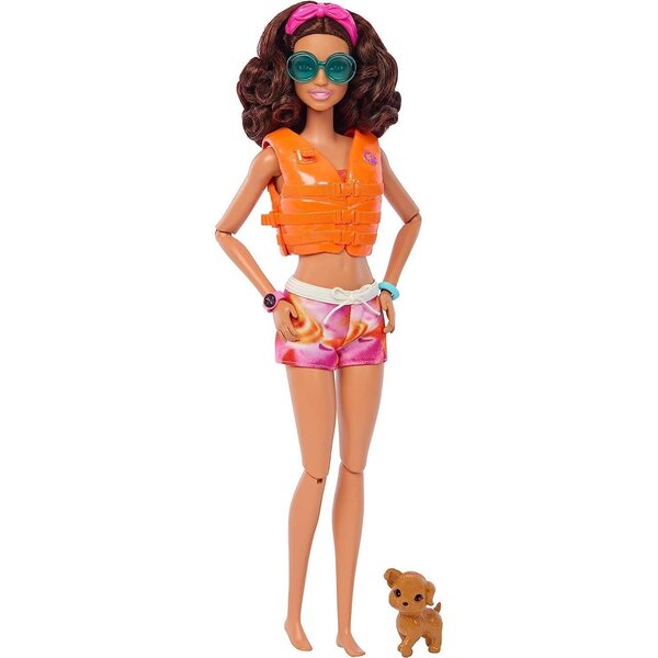 Barbie Surferin mit Surfbrett, Hund und Zubehör für Abenteuer am Meer