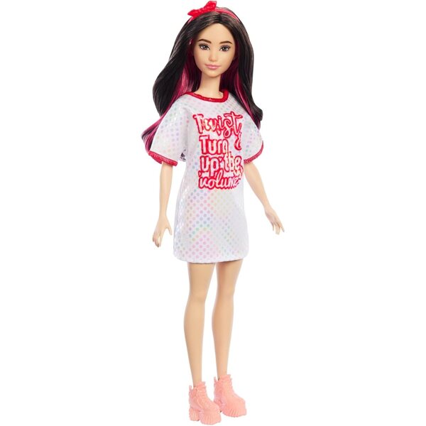 Barbie Fashionistas 214 mit welligem schwarzem Haar und Twist 'n Turn-Kleid für die 65-jährige Jubiläumskollektion