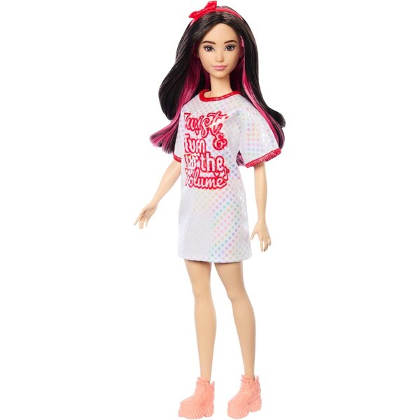 Barbie Fashionistas 214 mit welligem schwarzem Haar und Twist 'n Turn-Kleid für die 65-jährige Jubiläumskollektion