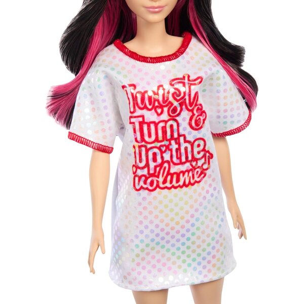 Barbie Fashionistas 214 mit welligem schwarzem Haar und Twist 'n Turn-Kleid für die 65-jährige Jubiläumskollektion