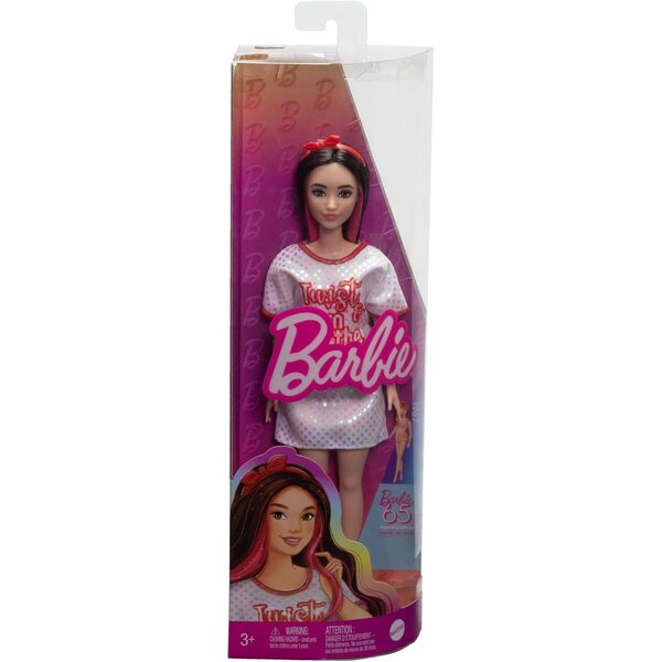 Barbie Fashionistas 214 mit welligem schwarzem Haar und Twist 'n Turn-Kleid für die 65-jährige Jubiläumskollektion