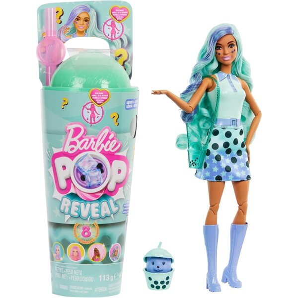 Barbie Pop Reveal Bubble Tea Pupa Grüner Tee mit 8 Überraschungen, Parfüm und Zubehör