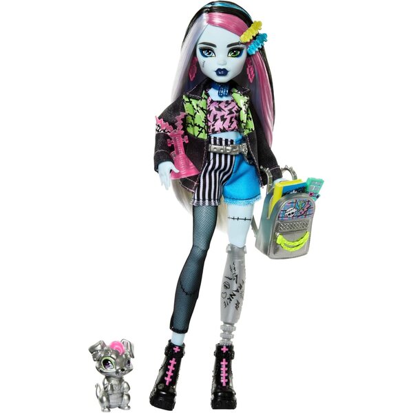 Monster High Frankie Stein: Puppe mit Jeans, Watzie-Hund und Schulzubehör