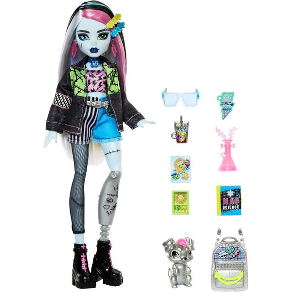 Monster High Frankie Stein: Puppe mit Jeans, Watzie-Hund und Schulzubehör