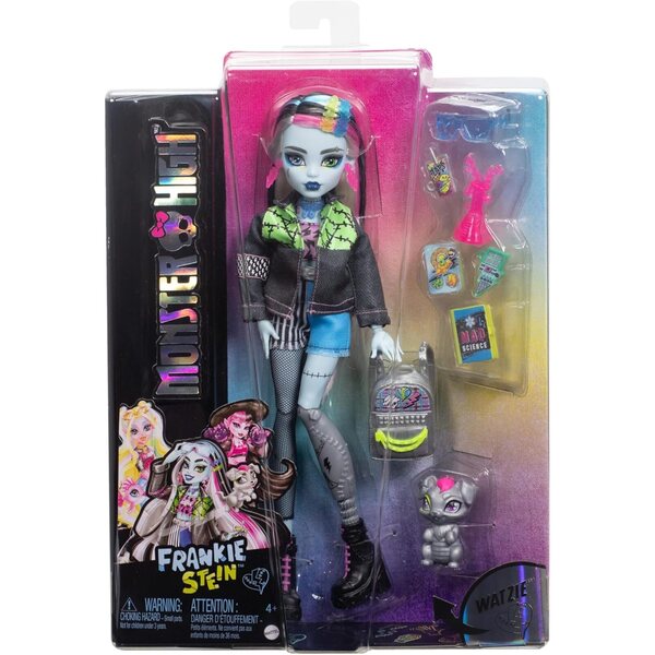 Monster High Frankie Stein: Puppe mit Jeans, Watzie-Hund und Schulzubehör