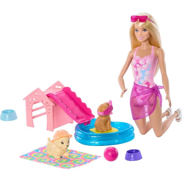 Barbie Welpen-Pool Party-Spielset mit Herzpool, 2 Puppen und Zubehör