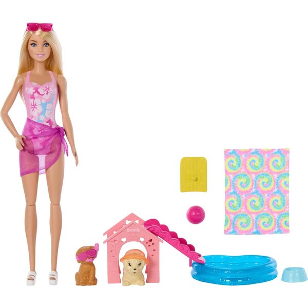 Barbie Welpen-Pool Party-Spielset mit Herzpool, 2 Puppen und Zubehör
