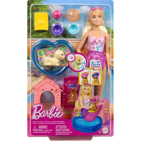 Barbie Welpen-Pool Party-Spielset mit Herzpool, 2 Puppen und Zubehör