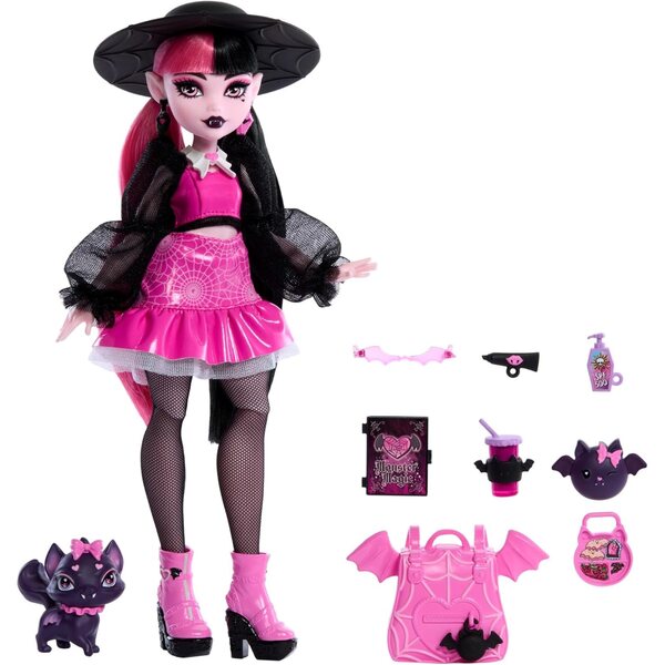 Monster High Draculaura mit Zubehör und Count Fabulous, die modische Fledermauskatze für Kinder