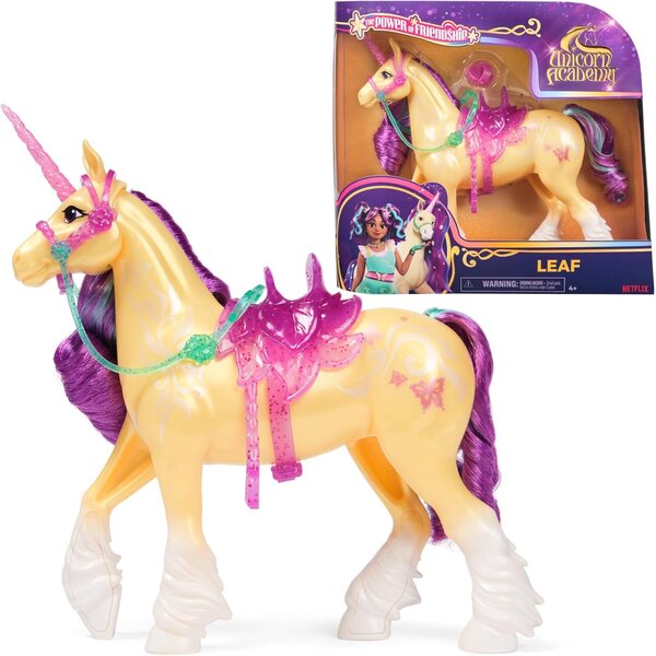 Unicorn Academy Leaf - Еднорог 28 см с жълто палто и аксесоари, игра за деца 4+