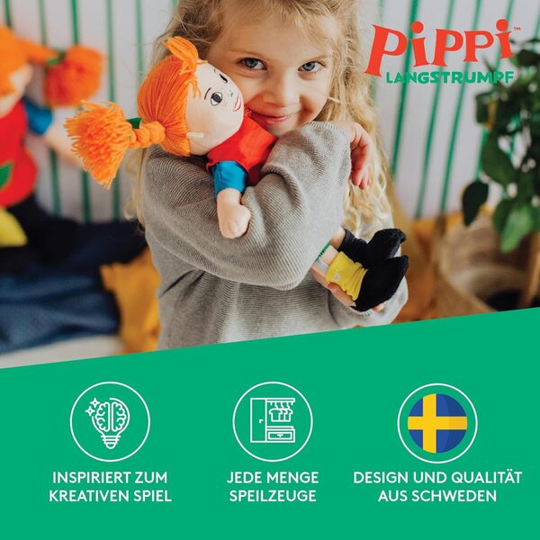 Pippi Langstrumpf Puppe 30 cm – Morbida Stoffpuppe per Bambini da 10 Mesi, Idea Regalo Battesimo