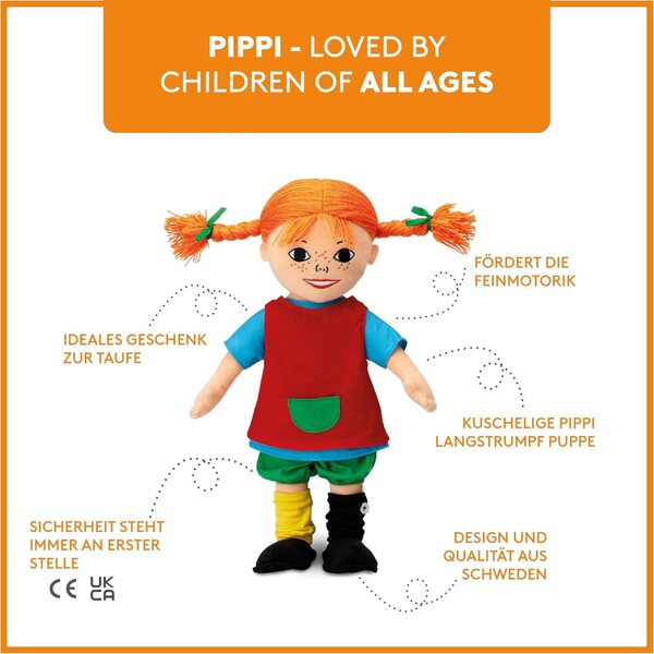 Pippi Langstrumpf Puppe 30 cm – Morbida Stoffpuppe per Bambini da 10 Mesi, Idea Regalo Battesimo