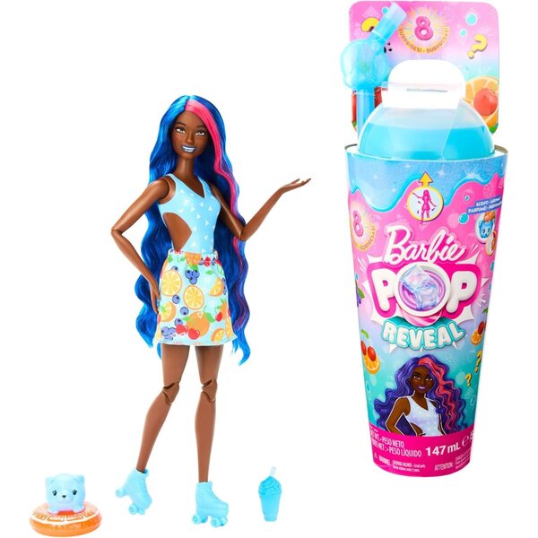 Barbie Pop Reveal Fruit mit 8 Überraschungen, blauen Haaren, fruchtigem Duft und Accessoires