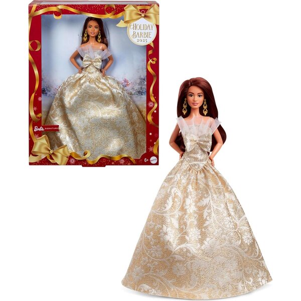 Barbie Signature 2025 Holiday mit Silber- und Goldkleid, elegante Sammlerpuppe