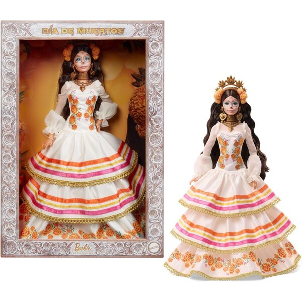 Barbie Día De Muertos 2025 mit cremefarbenem Kleid und typisch mexikanischen Blumendekorationen