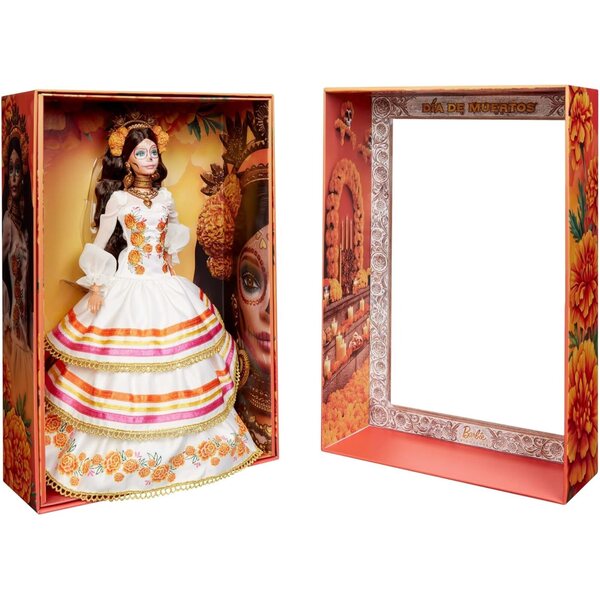 Barbie Día De Muertos 2025 mit cremefarbenem Kleid und typisch mexikanischen Blumendekorationen