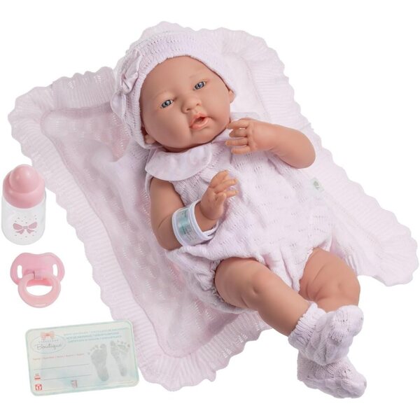Realistische Berenguer-Puppe für Neugeborene, 38 cm, mit Strickkleid und komplettem Zubehör