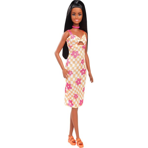 Barbie Fashionistas mit orange kariertem Kleid und rosa Accessoires – Kollektion 2024