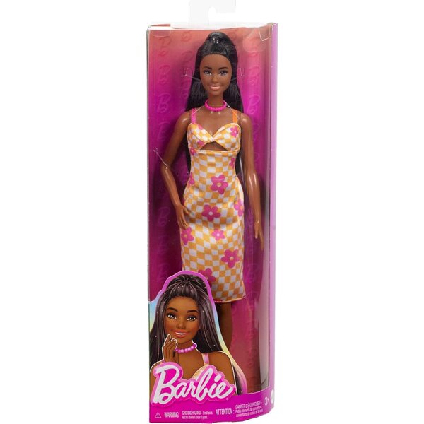 Barbie Fashionistas mit orange kariertem Kleid und rosa Accessoires – Kollektion 2024