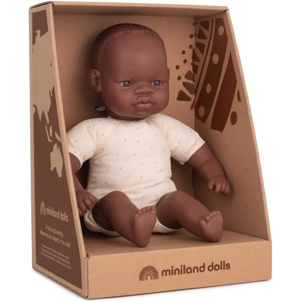 Afrikanische Miniland-Puppe, 32 cm, weicher Körper, in Stoff-Geschenkbox