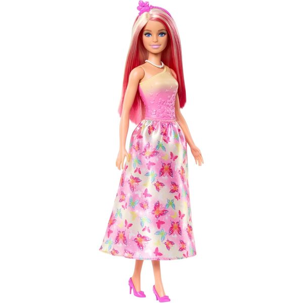 Barbie Royal mit zweifarbigem rosa und blondem Haar, Kleid mit Schmetterlingen und bunten Accessoires