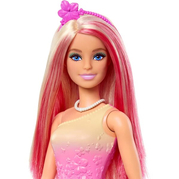 Barbie Royal mit zweifarbigem rosa und blondem Haar, Kleid mit Schmetterlingen und bunten Accessoires