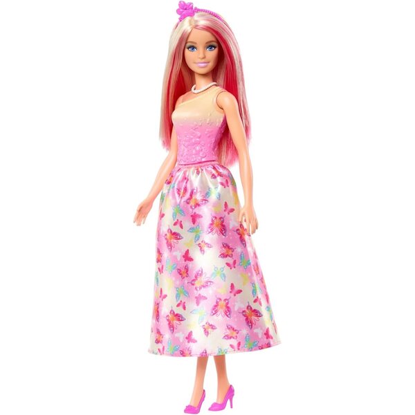 Barbie Royal mit zweifarbigem rosa und blondem Haar, Kleid mit Schmetterlingen und bunten Accessoires