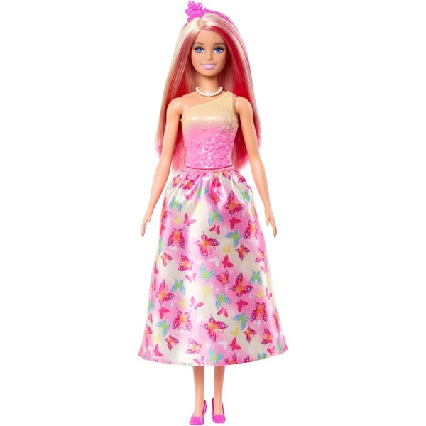 Barbie Royal mit zweifarbigem rosa und blondem Haar, Kleid mit Schmetterlingen und bunten Accessoires