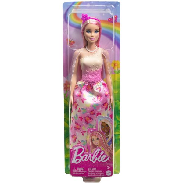Barbie Royal mit zweifarbigem rosa und blondem Haar, Kleid mit Schmetterlingen und bunten Accessoires