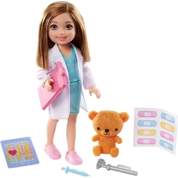 Barbie Chelsea Pupa Doctor 15 cm mit medizinischem Zubehör und Teddybär, Spiel für Kinder ab 3 Jahren