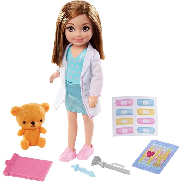 Barbie Chelsea Pupa Doctor 15 cm mit medizinischem Zubehör und Teddybär, Spiel für Kinder ab 3 Jahren