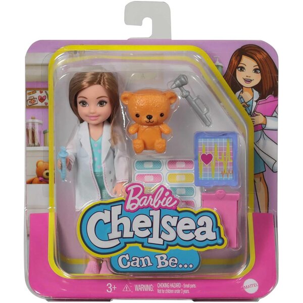 Barbie Chelsea Pupa Doctor 15 cm mit medizinischem Zubehör und Teddybär, Spiel für Kinder ab 3 Jahren